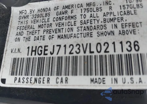 1997 Honda Civic Hx z USA, uszkodzony, nr VIN 1HGEJ7123VL021136